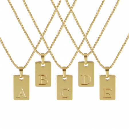 18K Vero Oro Placcato Catena a Casella Rettangolo Collana con Ciondolo, Ottone 45cm + 5cm, Per Donne, Messaggio " A-Z " Minimalista Lettera Maiuscola Regalo, Ecologico, 1 Pz