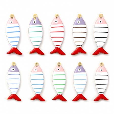 Umweltfreundliche PVD-Vakuumbeschichtung 304 Edelstahl Ozean Schmuck Anhänger 18K Vergoldet Fisch Streifen Doppelseitige Emaille 4cm x 1.5cm