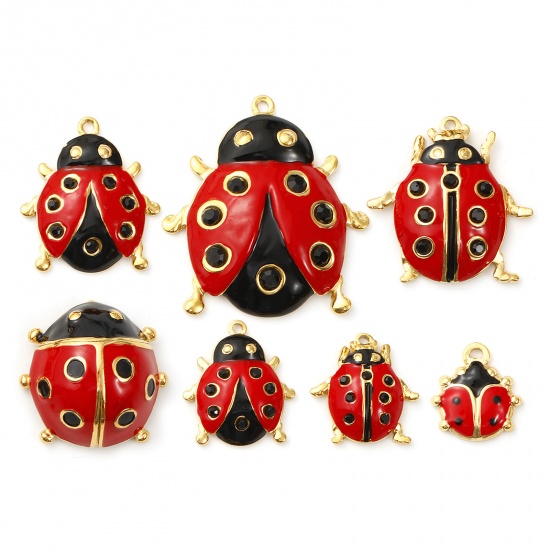 Immagine di 1 Pz Placcatura Sottovuoto PVD Ecologica 304 Acciaio Inossidabile Ciondoli Pendenti 18K Vero Oro Placcato Rosso Smalto Coccinella Nero Strass