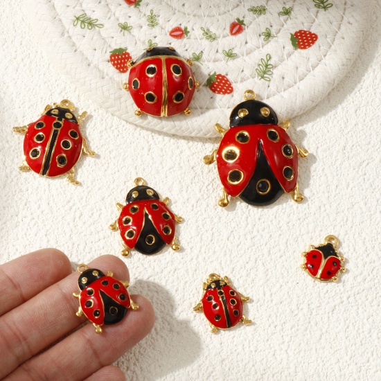 Immagine di 1 Pz Placcatura Sottovuoto PVD Ecologica 304 Acciaio Inossidabile Ciondoli Pendenti 18K Vero Oro Placcato Rosso Smalto Coccinella Nero Strass