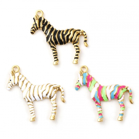 Eco-friendly PVD Vacuum Plating 304 Stainless Steel Pendants 18K Real Gold Plated Enamel Horse Animal Stripe 4.3cm x 4.2cm