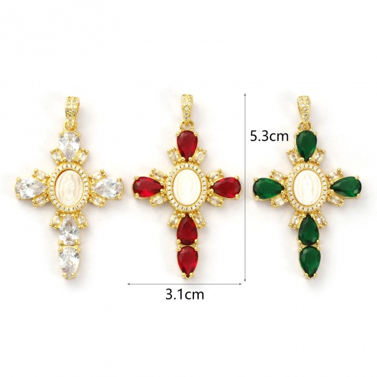 Picture of 1 Piece Eco-friendly Shell & Brass & Cubic Zirconia Religious Pendants 18K Real Gold Plated White Cross Virgin Mary 5.3cm x 3.1cm