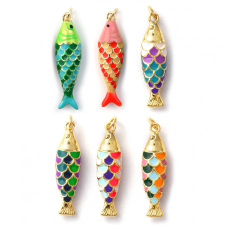 Eco-friendly Brass Ocean Jewelry Pendants 18K Real Gold Plated Multicolor Enamel Fish Animal 3D 3.2cm x 0.8cm