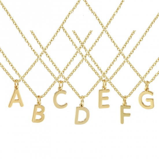 Picture of 18K Real Gold Plated Link Cable Chain Pendant Charm Necklace, Brass 45cm(17.7") + 5cm(2"), For Women, Message " A-Z " Minimalist Capital Alphabet Initial Letter Name Gift, Eco-friendly