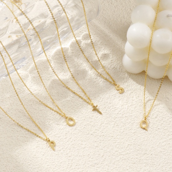 Picture of 18K Real Gold Plated Link Cable Chain Pendant Charm Necklace, Brass 45cm(17.7") + 5cm(2"), For Women, Message " A-Z " Minimalist Capital Alphabet Initial Letter Name Gift, Eco-friendly