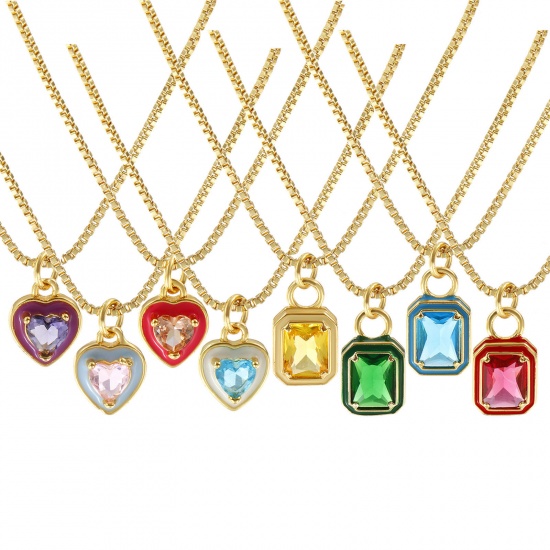 Picture of 18K Real Gold Plated Box Chain Pendant Charm Necklace, Brass & Glass 45cm(17.7") + 5cm(2"), For Women, Enamel Minimalist Exquisite Gift, Eco-friendly