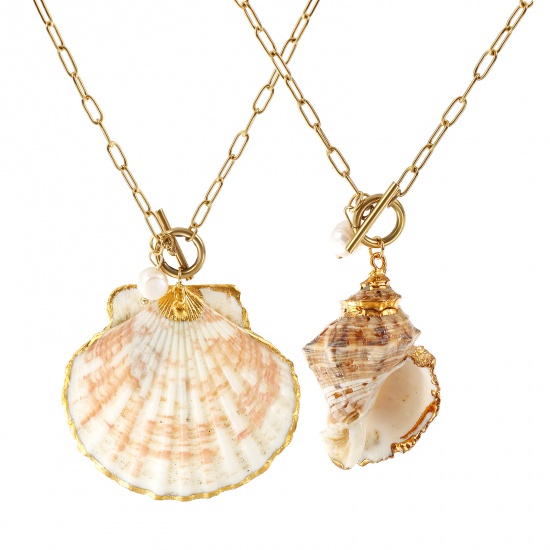 Immagine di 18K Vero Oro Placcato Catena a Graffetta Collana con Ciondolo, 304 Acciaio Inossidabile & Conchiglie Naturali 45cm, Per Donne, Naturale Elegante Casuale Regalo, Placcatura Sottovuoto PVD Ecologica, 1 Pz
