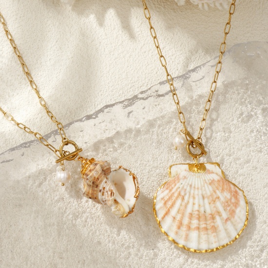 Immagine di 18K Vero Oro Placcato Catena a Graffetta Collana con Ciondolo, 304 Acciaio Inossidabile & Conchiglie Naturali 45cm, Per Donne, Naturale Elegante Casuale Regalo, Placcatura Sottovuoto PVD Ecologica, 1 Pz