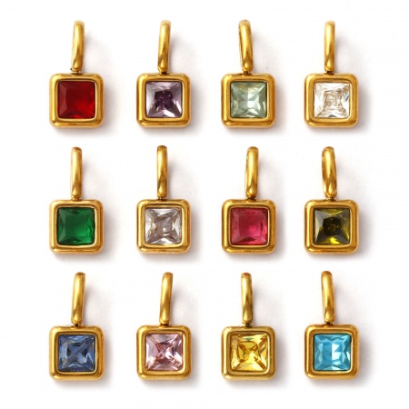 1 Unidad Recubrimiento al Vacío PVD Ecológico 304 Acero Inoxidable & Vidrio Piedra de Nacimiento Colgantes 18K Oro Real Chapado Cuadrado Mini 12.5mm x 6mm