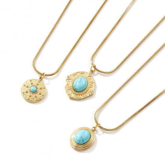 Picture of 18K Real Gold Plated Square Snake Chain Pendant Charm Necklace, 304 Stainless Steel 45cm(17.7") + 5cm(2"), For Women, Green Blue With Resin Cabochons Imitation Turquoise, Boho Chic Bohemia Ethnic Style Gift, Eco-friendly PVD Vacuum Plating