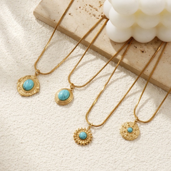 Picture of 18K Real Gold Plated Square Snake Chain Pendant Charm Necklace, 304 Stainless Steel 45cm(17.7") + 5cm(2"), For Women, Green Blue With Resin Cabochons Imitation Turquoise, Boho Chic Bohemia Ethnic Style Gift, Eco-friendly PVD Vacuum Plating