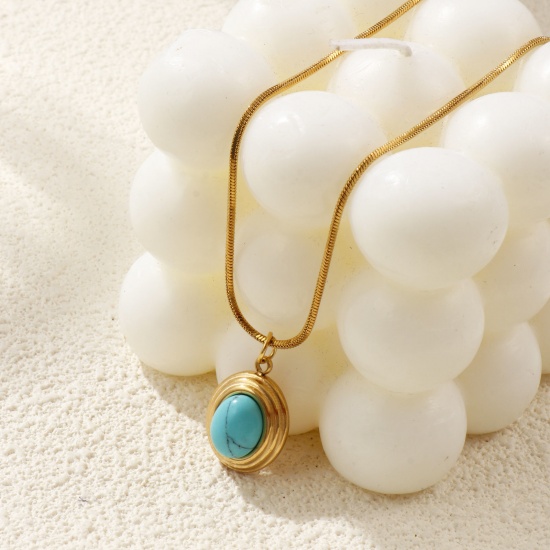 Picture of 18K Real Gold Plated Square Snake Chain Pendant Charm Necklace, 304 Stainless Steel 45cm(17.7") + 5cm(2"), For Women, Green Blue With Resin Cabochons Imitation Turquoise, Boho Chic Bohemia Ethnic Style Gift, Eco-friendly PVD Vacuum Plating