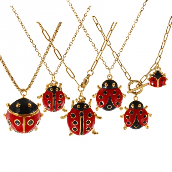 Picture of 18K Real Gold Plated Ladybug Animal Pendant Charm Necklace, 304 Stainless Steel For Women, Insect Natural Pastoral Gift, Eco-friendly PVD Vacuum Plating
