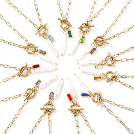 18K Vero Oro Placcato Catena a Graffetta Rettangolo Collana con Ciondolo, Acciaio Inossidabile 304 & Perla Naturale 45cm, Per Donne, Bianco Pietre Nascita Barocco Regalo, Placcatura Sottovuoto PVD Ecologica, 1 Pz