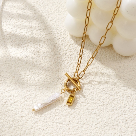 Picture of 18K Real Gold Plated Paperclip Link Chain Rectangle Pendant Charm Necklace, 304 Stainless Steel & Natural Pearl 45cm(17.7"), For Women, White Birthstone Baroque Gift, Eco-friendly PVD Vacuum Plating