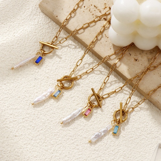 Picture of 18K Real Gold Plated Paperclip Link Chain Rectangle Pendant Charm Necklace, 304 Stainless Steel & Natural Pearl 45cm(17.7"), For Women, White Birthstone Baroque Gift, Eco-friendly PVD Vacuum Plating