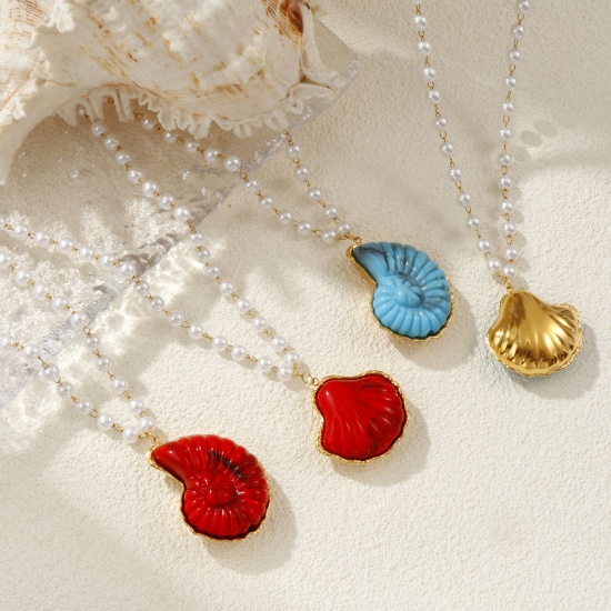 Bild von 18K Echtgold plattiert Perlenkette Anhänger Halskette, 304 Edelstahl & Harz 45cm, Für Frauen, 3D, Ozean Schmuck Elegant Geschenk, Umweltfreundliche PVD-Vakuumbeschichtung