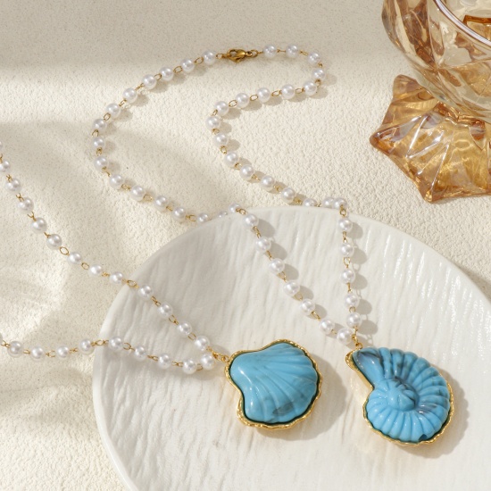 Bild von 18K Echtgold plattiert Perlenkette Anhänger Halskette, 304 Edelstahl & Harz 45cm, Für Frauen, 3D, Ozean Schmuck Elegant Geschenk, Umweltfreundliche PVD-Vakuumbeschichtung