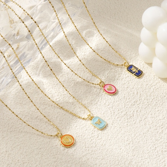 Picture of 18K Real Gold Plated Bamboo Chain Pendant Charm Necklace, Brass 45cm(17.7") + 5cm(2"), For Women, Enamel Retro Geometric Gift, Eco-friendly