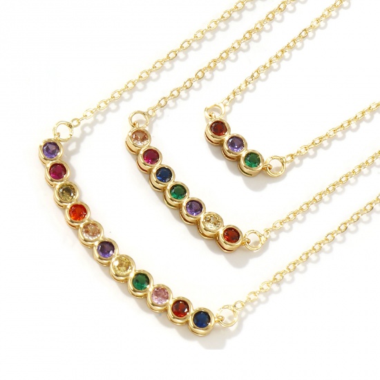 Picture of 18K Real Gold Plated Link Cable Chain Round Pendant Charm Necklace, Brass For Women, Multicolour Cubic Zirconia Minimalist Birthstone Gift, Eco-friendly