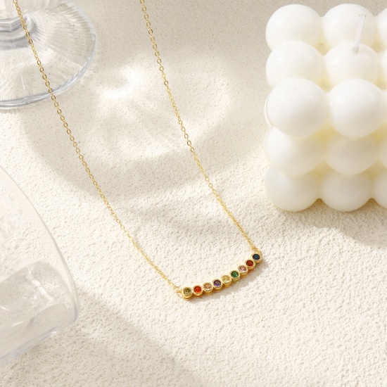 Picture of 18K Real Gold Plated Link Cable Chain Round Pendant Charm Necklace, Brass For Women, Multicolour Cubic Zirconia Minimalist Birthstone Gift, Eco-friendly