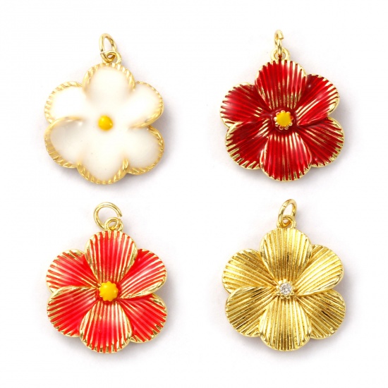 Immagine di 1 Pz Ottone Ciondoli Placcato Oro 18K Fiore Smalto 26mm x 20mm