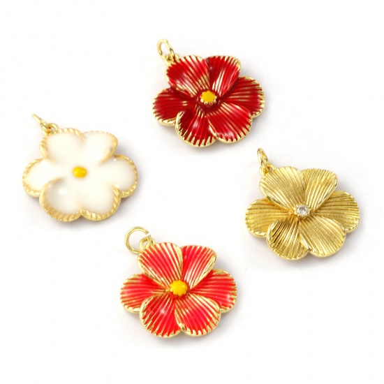 Immagine di 1 Pz Ottone Ciondoli Placcato Oro 18K Fiore Smalto 26mm x 20mm