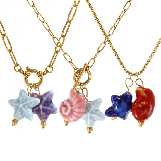 18K Real Gold Plated Pendant Charm Necklace, 304 Stainless Steel & Ceramic For Women, 3D, Ocean Jewelry Sweet & Cute Gift, Eco-friendly PVD Vacuum Plating の画像