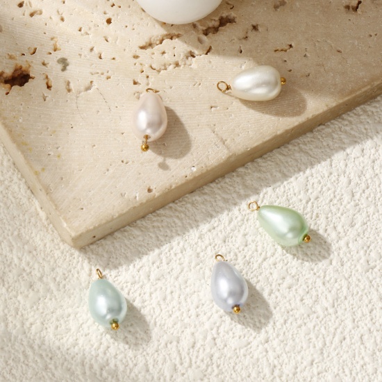 Picture of Vacuum Plating 304 Stainless Steel & Acrylic Charms Gold Plated Multicolor Drop Imitation Pearl 16mm x 8mm