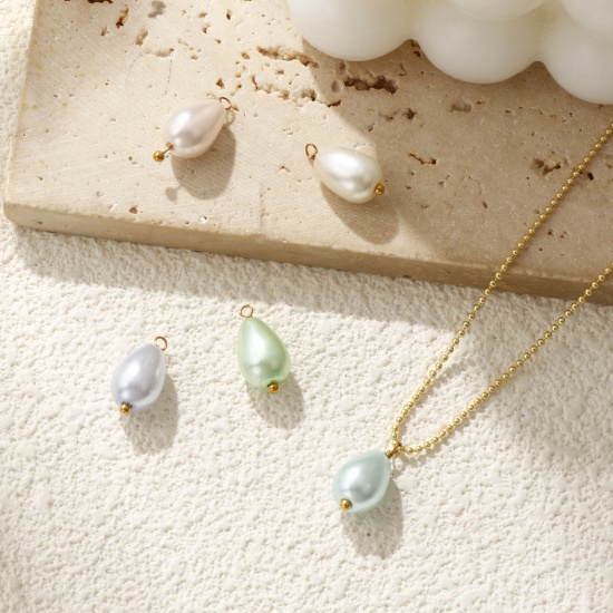 Picture of Vacuum Plating 304 Stainless Steel & Acrylic Charms Gold Plated Multicolor Drop Imitation Pearl 16mm x 8mm