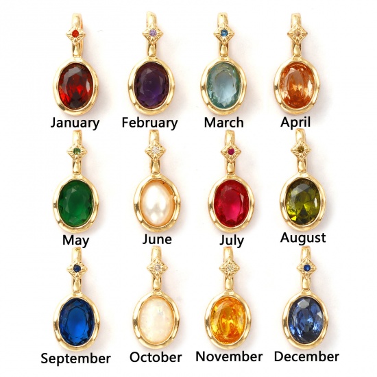 Image de 1 Pièce Breloques Pierres de Naissance Respectueux de la Nature en Laiton & Zirconia Cubique Plaqué Or Véritable 14K Ovale 18mm x 8mm