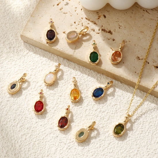 Image de 1 Pièce Breloques Pierres de Naissance Respectueux de la Nature en Laiton & Zirconia Cubique Plaqué Or Véritable 14K Ovale 18mm x 8mm