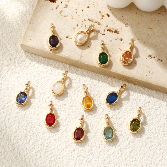Image de 1 Pièce Breloques Pierres de Naissance Respectueux de la Nature en Laiton & Zirconia Cubique Plaqué Or Véritable 14K Ovale 18mm x 8mm