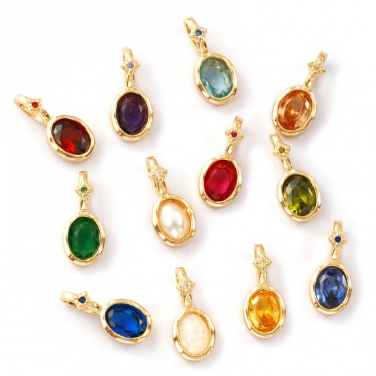 Image de 1 Pièce Breloques Pierres de Naissance Respectueux de la Nature en Laiton & Zirconia Cubique Plaqué Or Véritable 14K Ovale 18mm x 8mm