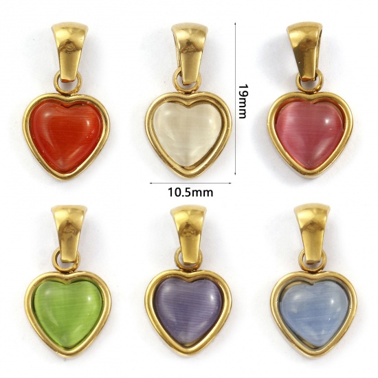 Bild von Umweltfreundliche PVD-Vakuumbeschichtung 304 Edelstahl Valentinstag Charm-Anhänger 18K Echtgold plattiert Herz Imitierte Katzenauge 19mm x 10.5mm