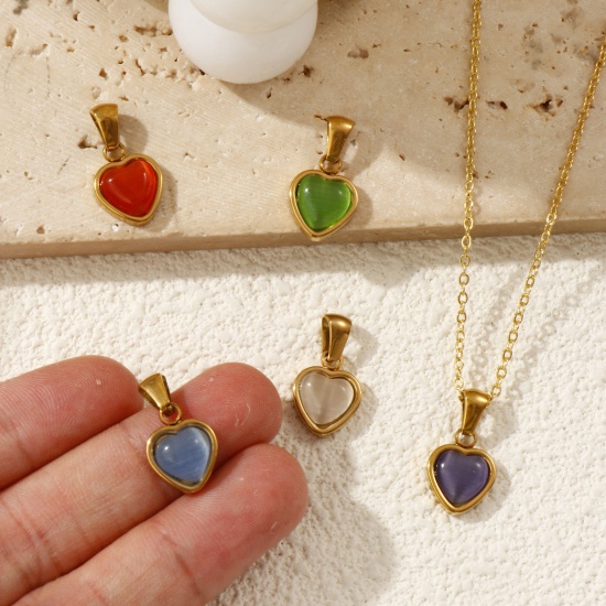 Bild von Umweltfreundliche PVD-Vakuumbeschichtung 304 Edelstahl Valentinstag Charm-Anhänger 18K Echtgold plattiert Herz Imitierte Katzenauge 19mm x 10.5mm