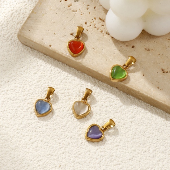 Bild von Umweltfreundliche PVD-Vakuumbeschichtung 304 Edelstahl Valentinstag Charm-Anhänger 18K Echtgold plattiert Herz Imitierte Katzenauge 19mm x 10.5mm