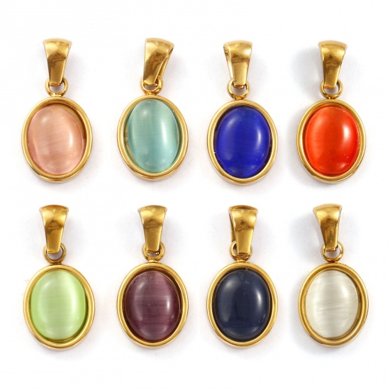 Immagine di 2 Pz Placcatura Sottovuoto PVD Ecologica 304 Acciaio Inossidabile Ciondoli Pendenti 18K Vero Oro Placcato Ovale Imitazione di occhio di gatto 21mm x 10.5mm