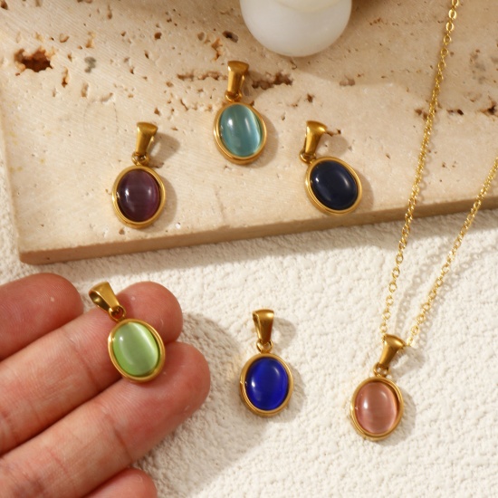 Immagine di 2 Pz Placcatura Sottovuoto PVD Ecologica 304 Acciaio Inossidabile Ciondoli Pendenti 18K Vero Oro Placcato Ovale Imitazione di occhio di gatto 21mm x 10.5mm