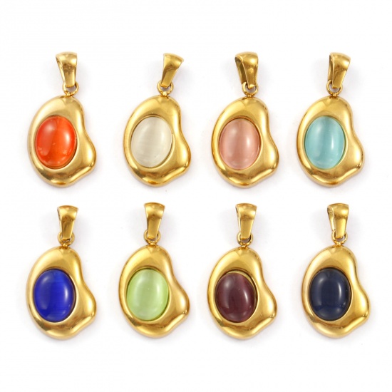 Immagine di 2 Pz Placcatura Sottovuoto PVD Ecologica 304 Acciaio Inossidabile Ciondoli Pendenti 18K Vero Oro Placcato Irregolare Imitazione di occhio di gatto 28mm x 14.5mm
