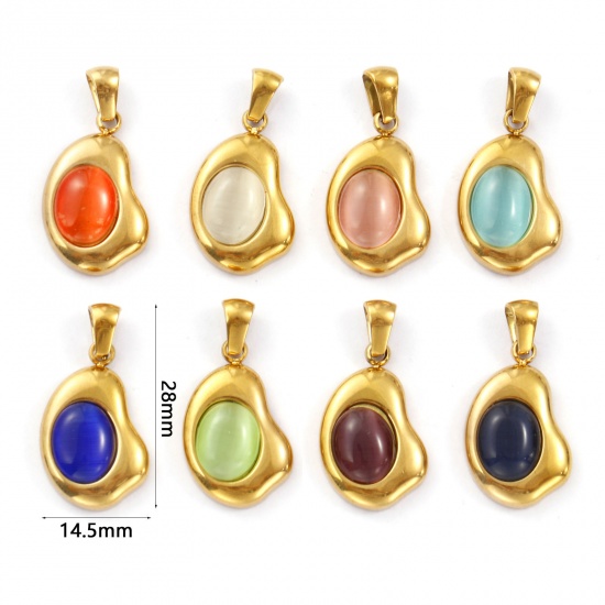 Immagine di 2 Pz Placcatura Sottovuoto PVD Ecologica 304 Acciaio Inossidabile Ciondoli Pendenti 18K Vero Oro Placcato Irregolare Imitazione di occhio di gatto 28mm x 14.5mm
