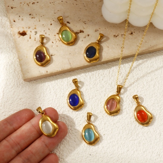 Immagine di 2 Pz Placcatura Sottovuoto PVD Ecologica 304 Acciaio Inossidabile Ciondoli Pendenti 18K Vero Oro Placcato Irregolare Imitazione di occhio di gatto 28mm x 14.5mm