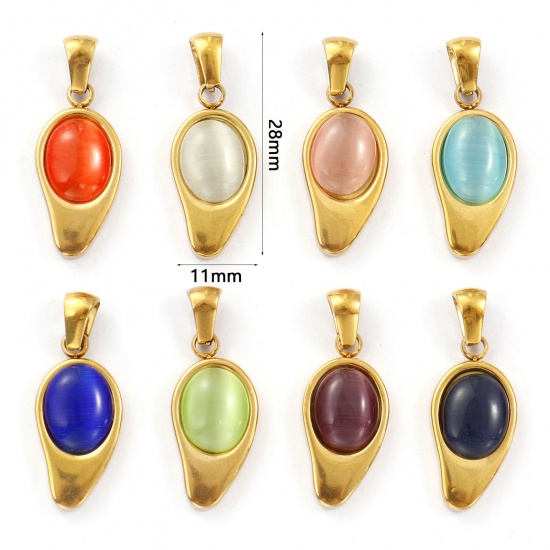 Immagine di 2 Pz Placcatura Sottovuoto PVD Ecologica 304 Acciaio Inossidabile Ciondoli Pendenti 18K Vero Oro Placcato Goccia Imitazione di occhio di gatto 28mm x 11mm