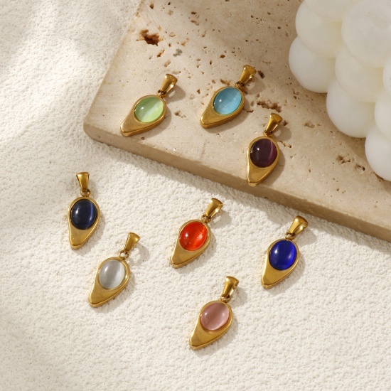 Immagine di 2 Pz Placcatura Sottovuoto PVD Ecologica 304 Acciaio Inossidabile Ciondoli Pendenti 18K Vero Oro Placcato Goccia Imitazione di occhio di gatto 28mm x 11mm