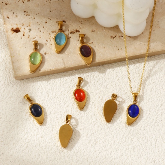Immagine di 2 Pz Placcatura Sottovuoto PVD Ecologica 304 Acciaio Inossidabile Ciondoli Pendenti 18K Vero Oro Placcato Goccia Imitazione di occhio di gatto 28mm x 11mm