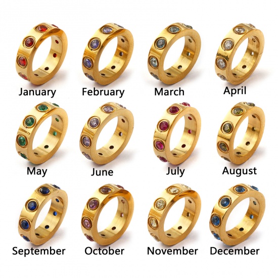 Immagine di 1 Pz Placcatura Sottovuoto PVD Ecologica 304 Acciaio Inossidabile & Zircone Cubico Pietre Nascita Ciondoli 18K Vero Oro Placcato Anello 14mm Dia.