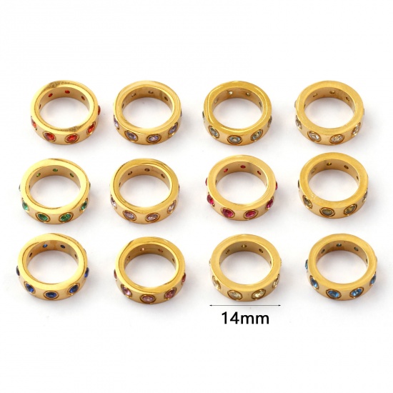 Immagine di 1 Pz Placcatura Sottovuoto PVD Ecologica 304 Acciaio Inossidabile & Zircone Cubico Pietre Nascita Ciondoli 18K Vero Oro Placcato Anello 14mm Dia.