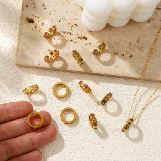 Immagine di 1 Pz Placcatura Sottovuoto PVD Ecologica 304 Acciaio Inossidabile & Zircone Cubico Pietre Nascita Ciondoli 18K Vero Oro Placcato Anello 14mm Dia.