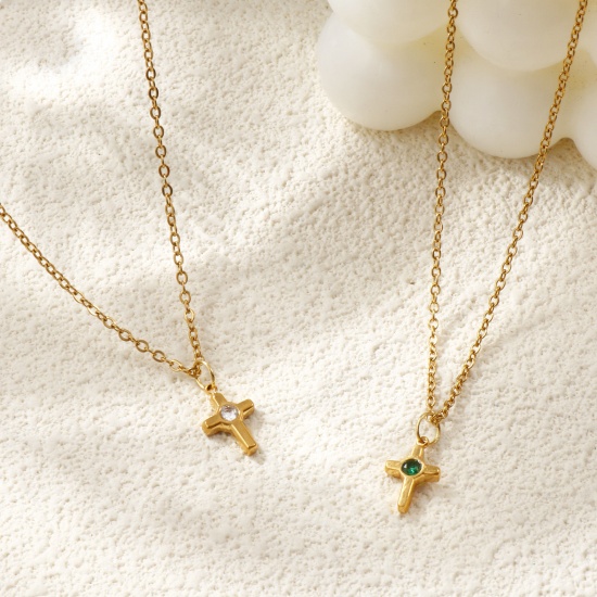 Immagine di 18K Vero Oro Placcato Catena a Cavo Croce Collana con Ciondolo, 304 Acciaio Inossidabile & Strass 45cm + 5cm, Per Donne, Religione Elegante Regalo, Placcatura Sottovuoto PVD Ecologica, 1 Pz