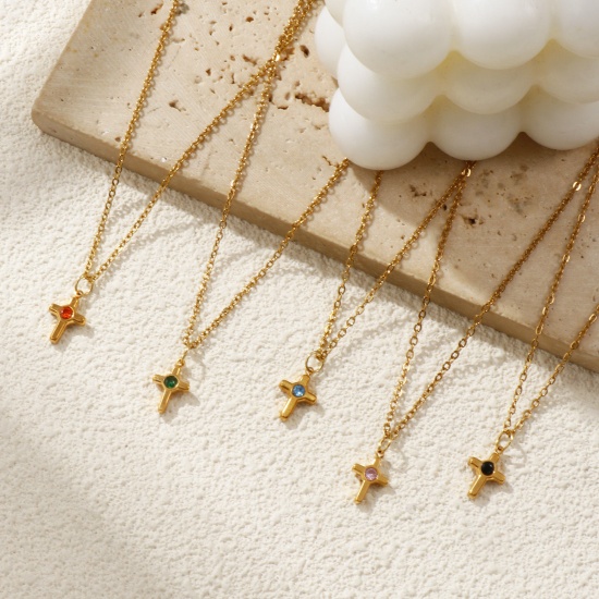 Immagine di 18K Vero Oro Placcato Catena a Cavo Croce Collana con Ciondolo, 304 Acciaio Inossidabile & Strass 45cm + 5cm, Per Donne, Religione Elegante Regalo, Placcatura Sottovuoto PVD Ecologica, 1 Pz
